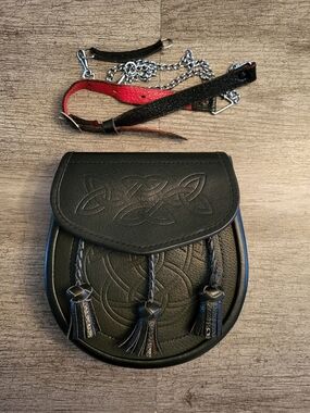 Black Celtic Embossed Leather Sporran Bag with Tassels